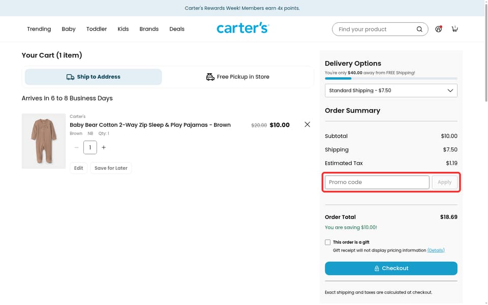 Carter's checkout page showing the Promo code field and Apply button