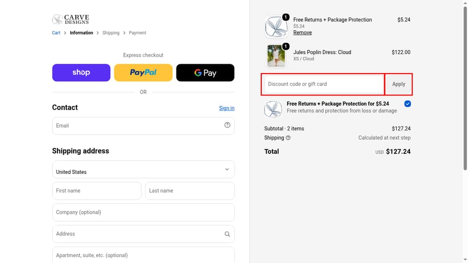 Carve Designs checkout page showing the Discount code or gift card field and Apply button