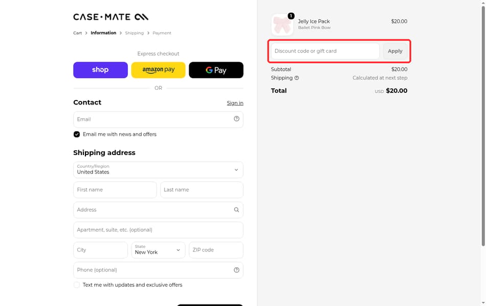 Case-Mate checkout page showing the Discount code or gift card field and Apply button