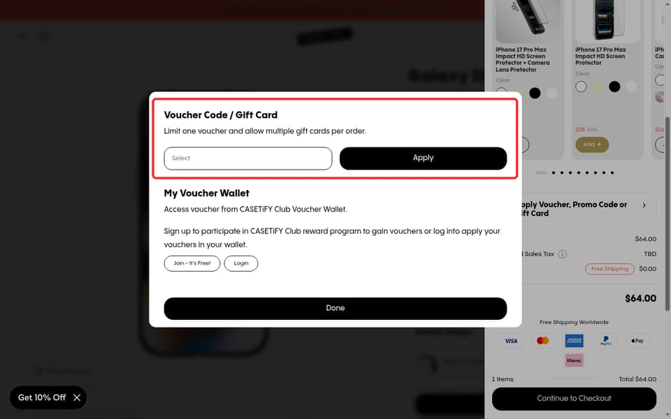 Casetify checkout page showing the Voucher Code / Gift Card field and Apply button