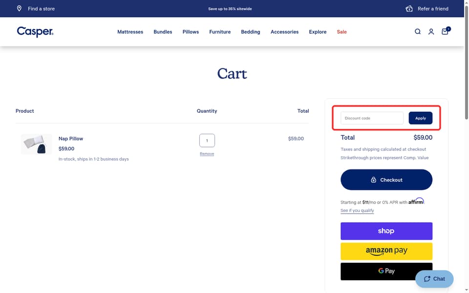 Casper checkout page showing the Discount code field and Apply button
