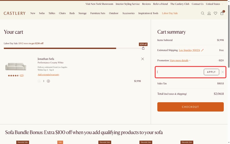 Castlery checkout page showing the promo code field and Apply button