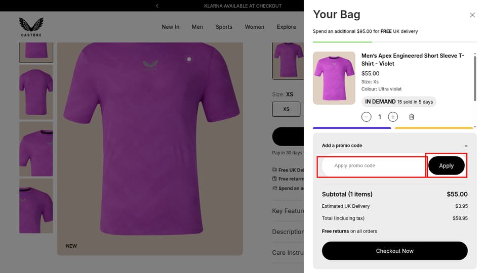 Castore checkout page showing the Apply promo code field and Apply button