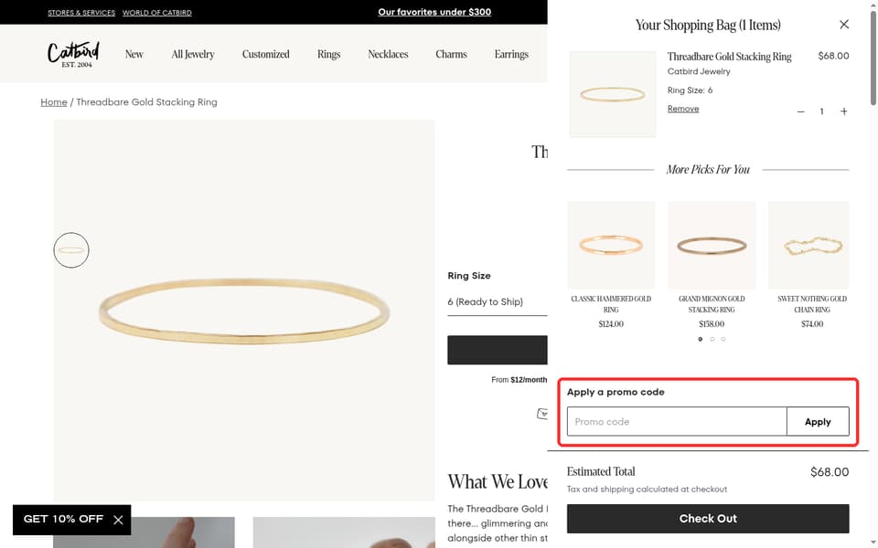 Catbird checkout page showing the Promo code field and Apply button