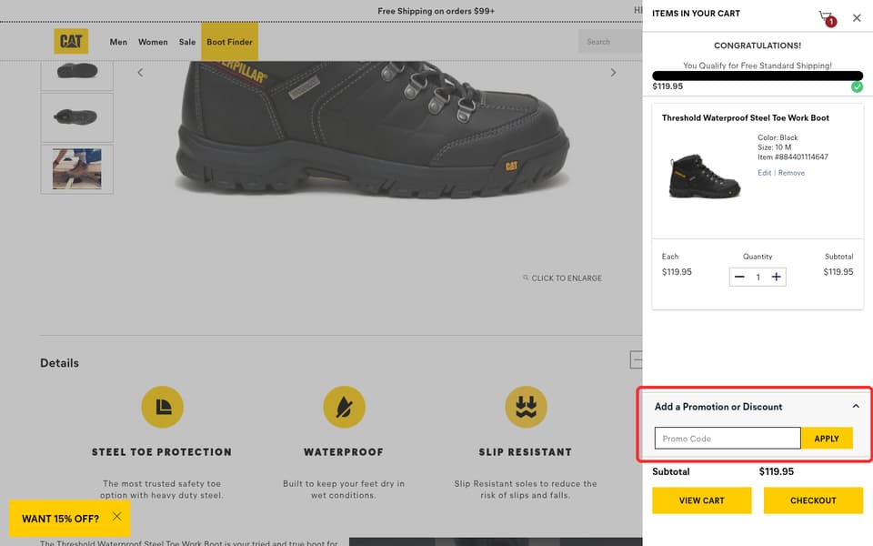 Cat Footwear checkout page showing the Promo Code field and Apply button