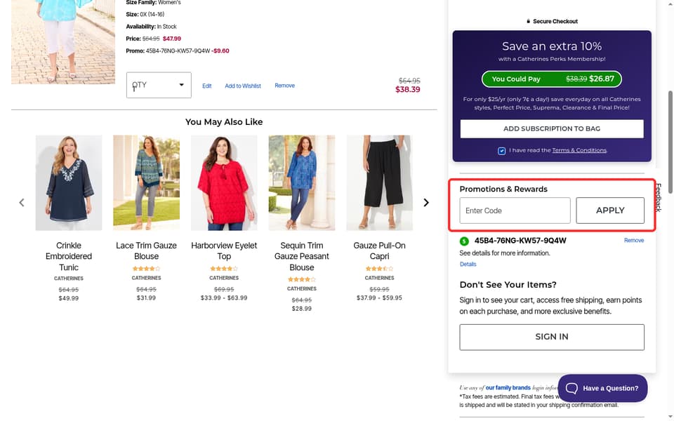 Catherines checkout page showing the Enter Code field and Apply button
