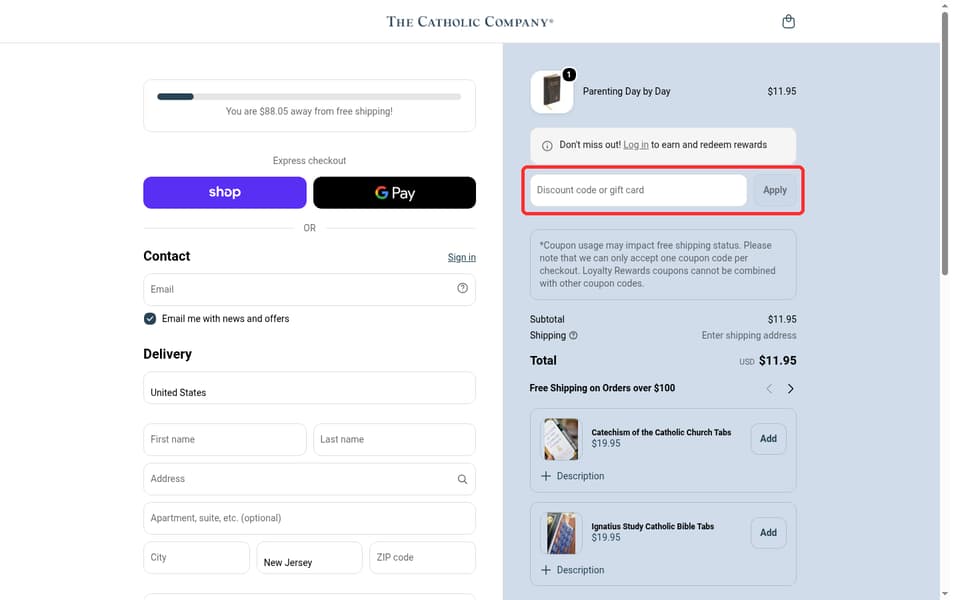 The Catholic Company checkout page showing the Discount code or gift card field and Apply button
