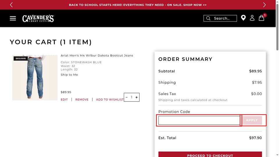 Cavender's checkout page showing the Promotion Code field and Apply button
