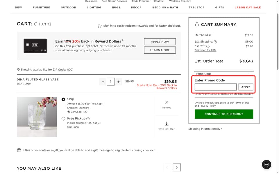 CB2 checkout page showing the Enter Promo Code field and Apply button