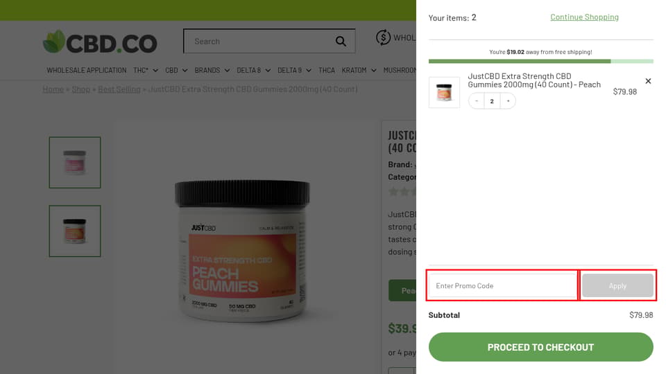 CBD.co checkout page showing the Enter Promo Code field and Apply button