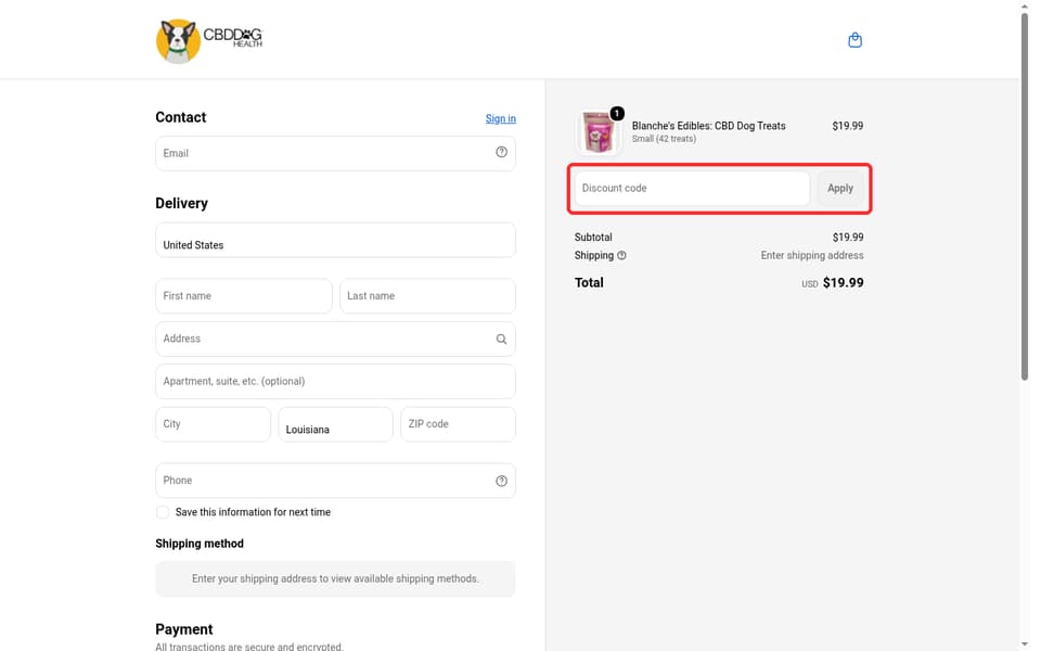CBD Dog Health checkout page showing the Discount code field and Apply button