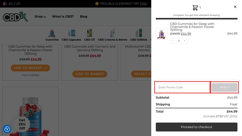 CBDfx checkout page showing the Enter Promo Code field and Apply button