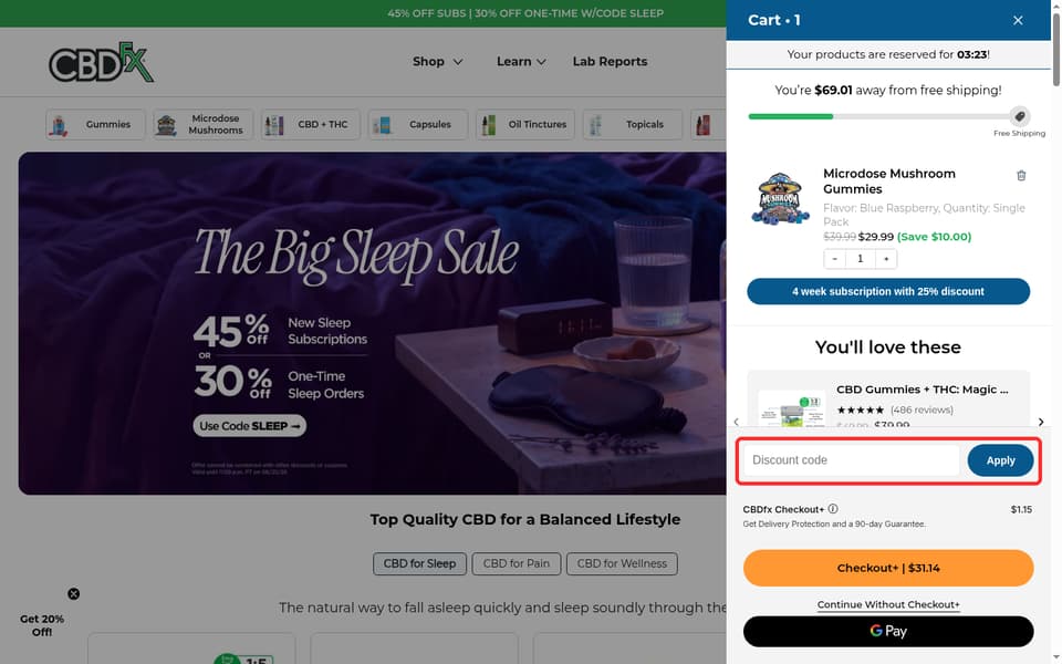 CBDfx checkout page showing the Discount code field and Apply button