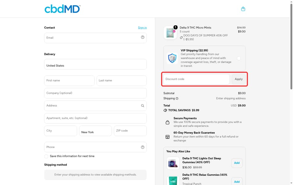 cbdMD checkout page showing the Discount code field and Apply button