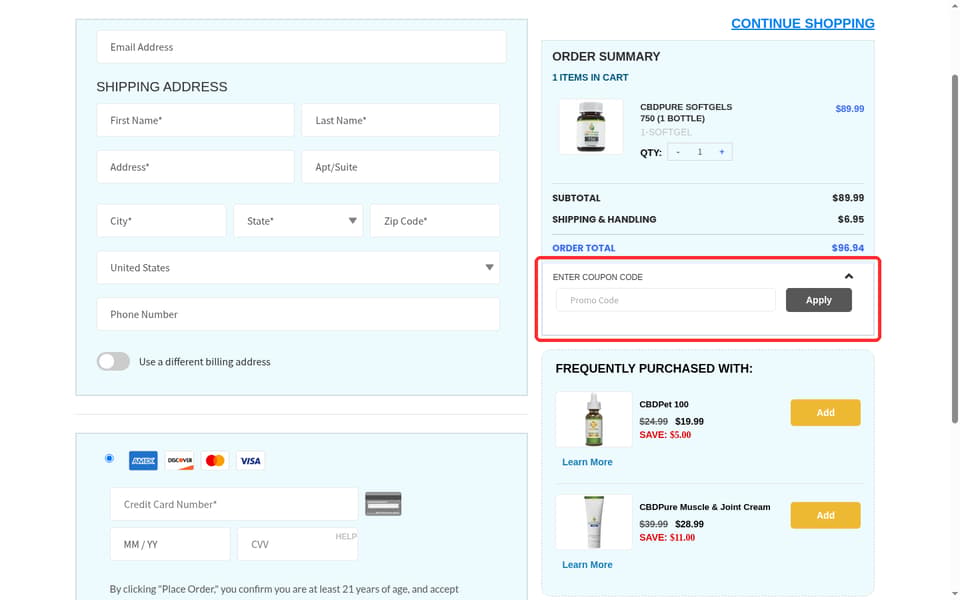 CBD Pure checkout page showing the Promo Code field and Apply button