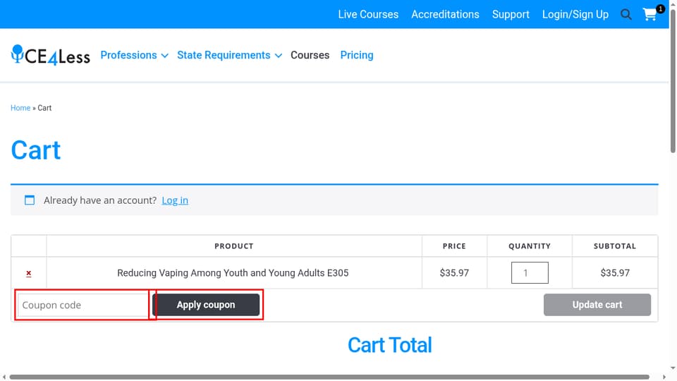 CE4Less checkout page showing the Coupon code field and Apply coupon button