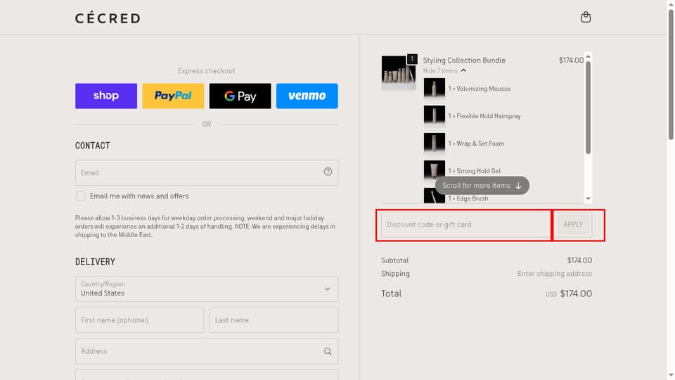 Cécred checkout page showing the Discount code or gift card field and Apply button
