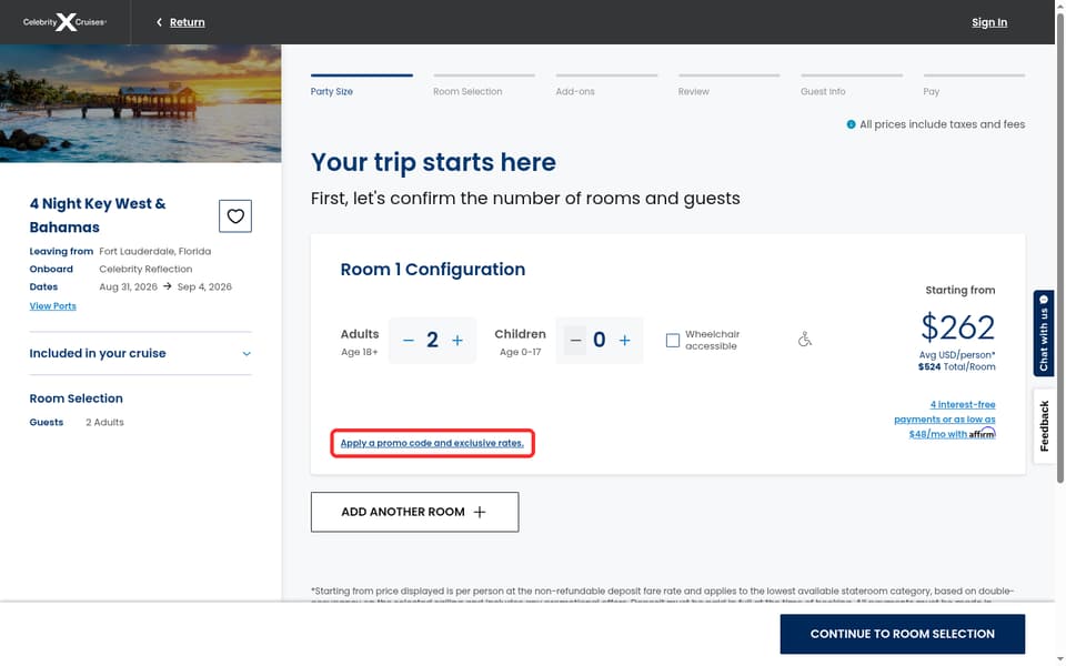 Celebrity Cruises checkout page showing the Enter promo code field and Apply button