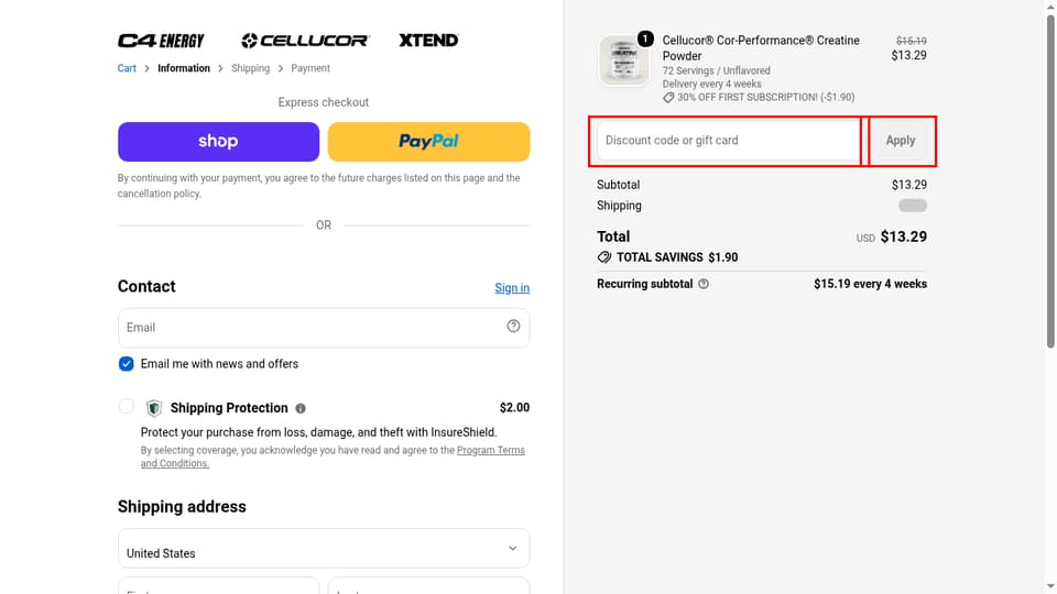 Cellucor checkout page showing the Discount code or gift card field and Apply button