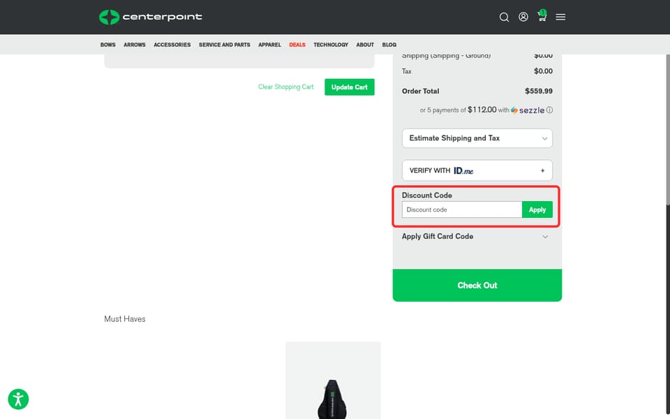 Centerpoint Archery checkout page showing the Discount code field and Apply button