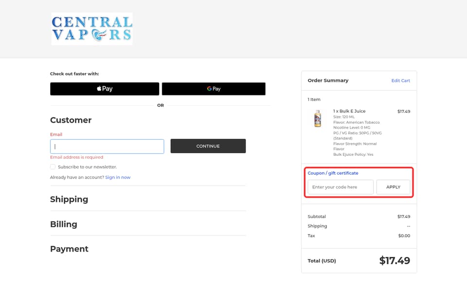 Central Vapors checkout page showing the Enter your code here field and Apply button