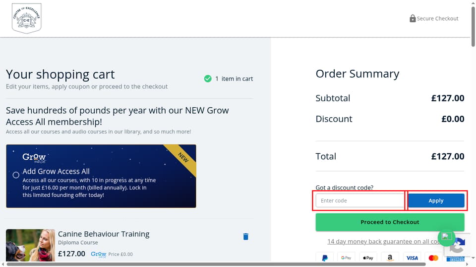 Centre of Excellence checkout page showing the Enter code field and Apply button