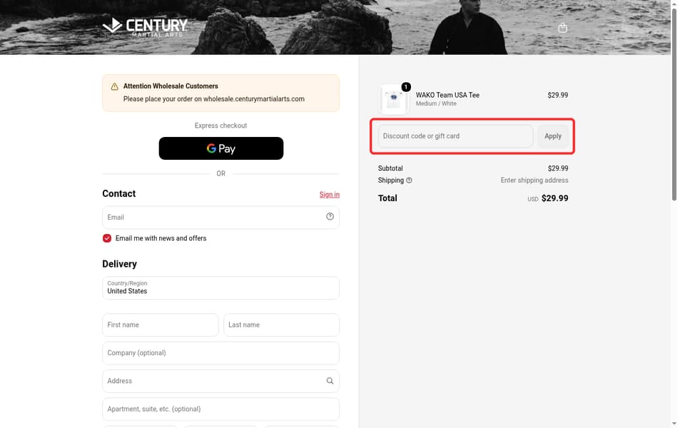 Century Martial Arts checkout page showing the Discount code or gift card field and Apply button