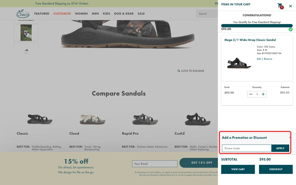 Chaco checkout page showing the Promo Code field and Apply button