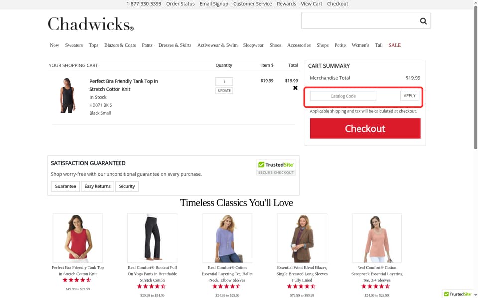 Chadwicks checkout page showing the Catalog Code field and APPLY button
