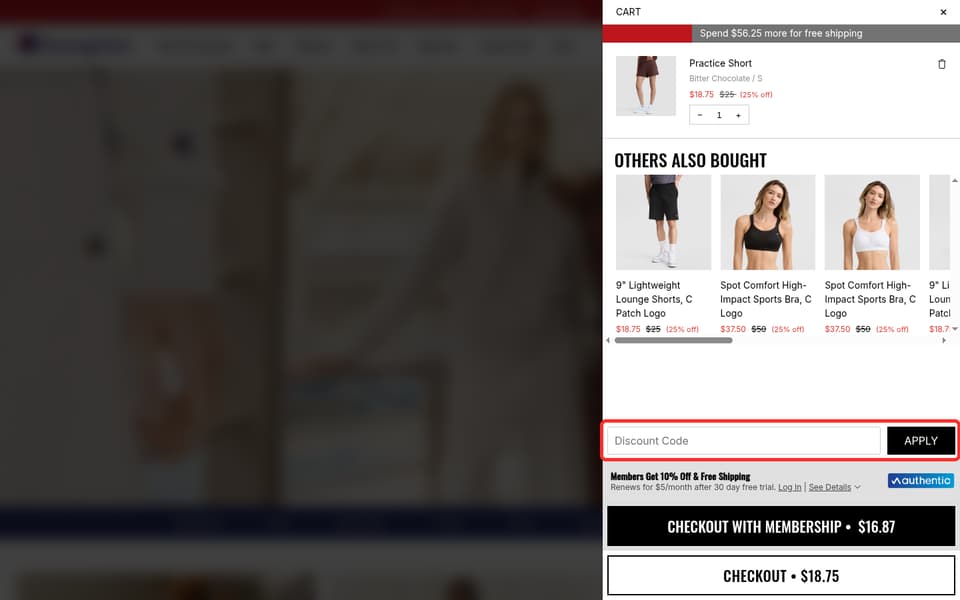 Champion checkout page showing the Discount Code field and Apply button