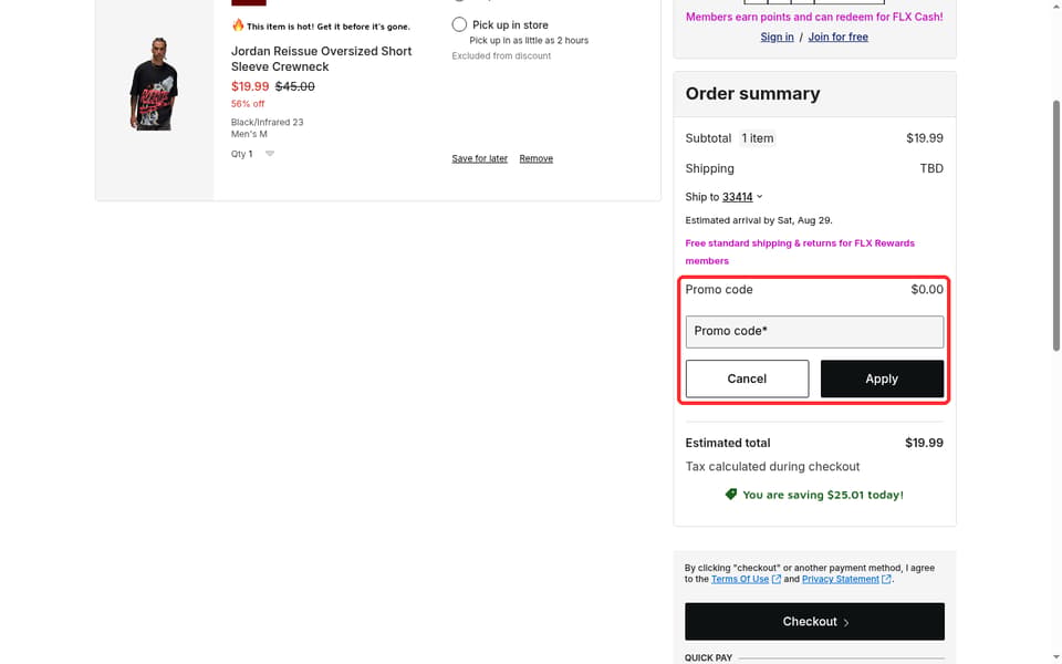Champs Sports checkout page showing the Promo code field and Apply button