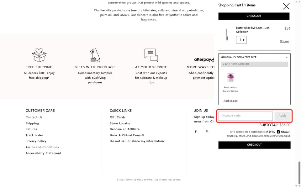 Chantecaille checkout page showing the Discount code field and Apply button