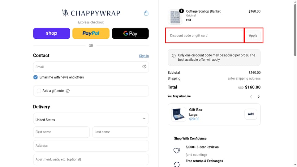 ChappyWrap checkout page showing the Discount code or gift card field and Apply button