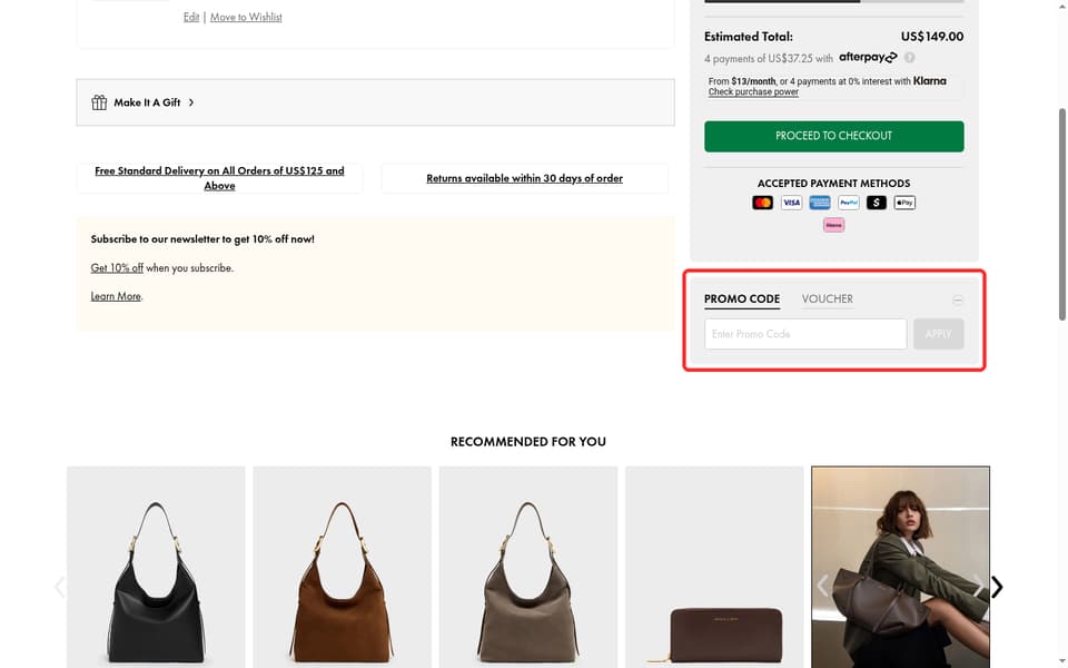 Charles & Keith checkout page showing the Enter Promo Code field and APPLY button