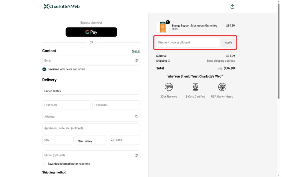 Charlotte's Web checkout page showing the Discount code or gift card field and Apply button
