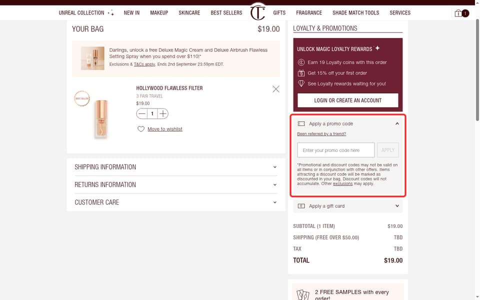 Charlotte Tilbury checkout page showing the Enter your promo code here field and Apply button