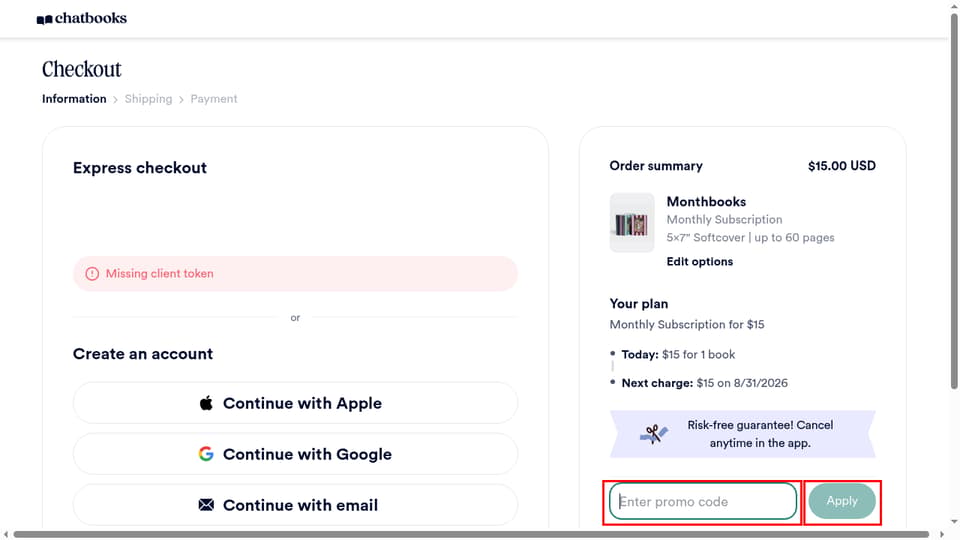 Chatbooks checkout page showing the Enter promo code field and Apply button