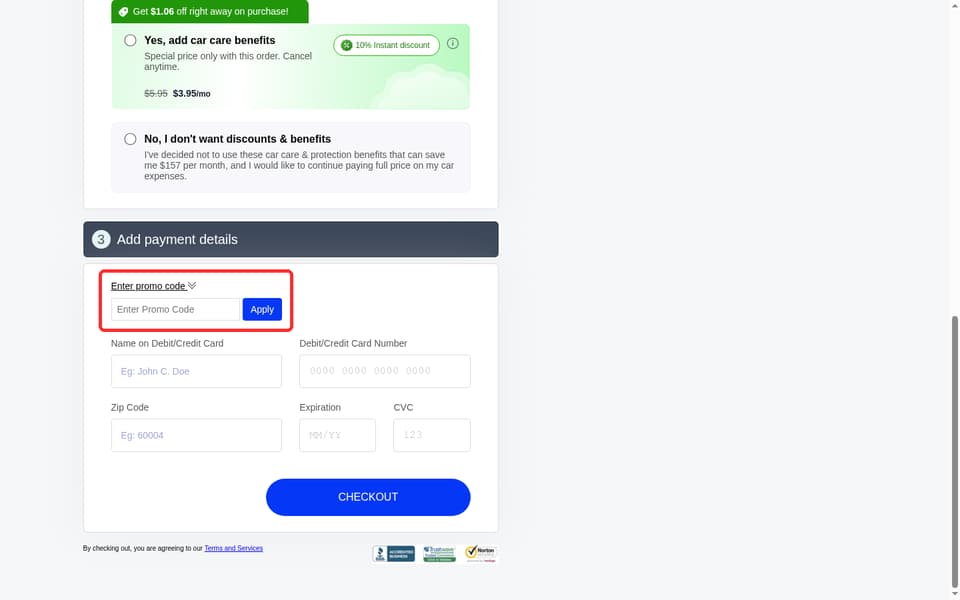 Cheapest Airport Parking checkout page showing the Enter Promo Code field and Apply button