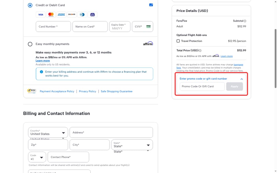 CheapOair checkout page showing the Promo code or gift card field and Apply button
