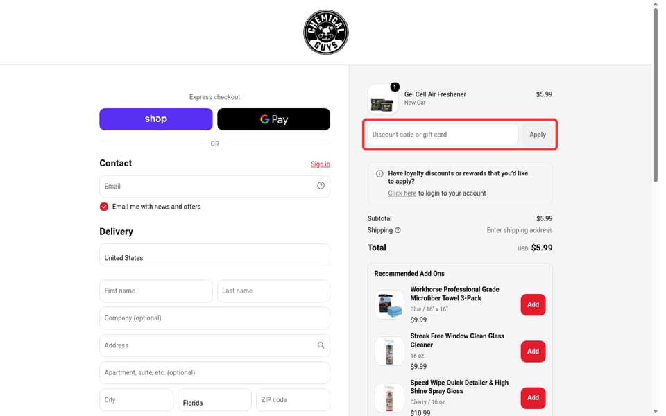 Chemical Guys checkout page showing the Discount code or gift card field and Apply button