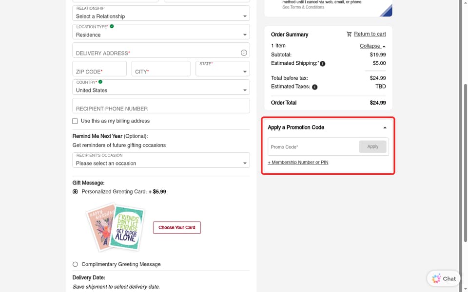 Cheryl's checkout page showing the Promo Code* field and Apply button