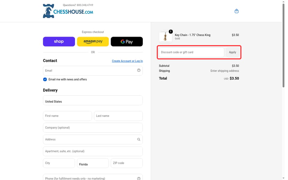 Chess House checkout page showing the Discount code or gift card field and Apply button