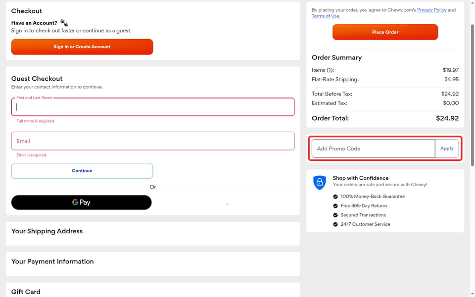 Chewy checkout page showing the Add Promo Code field and Apply button