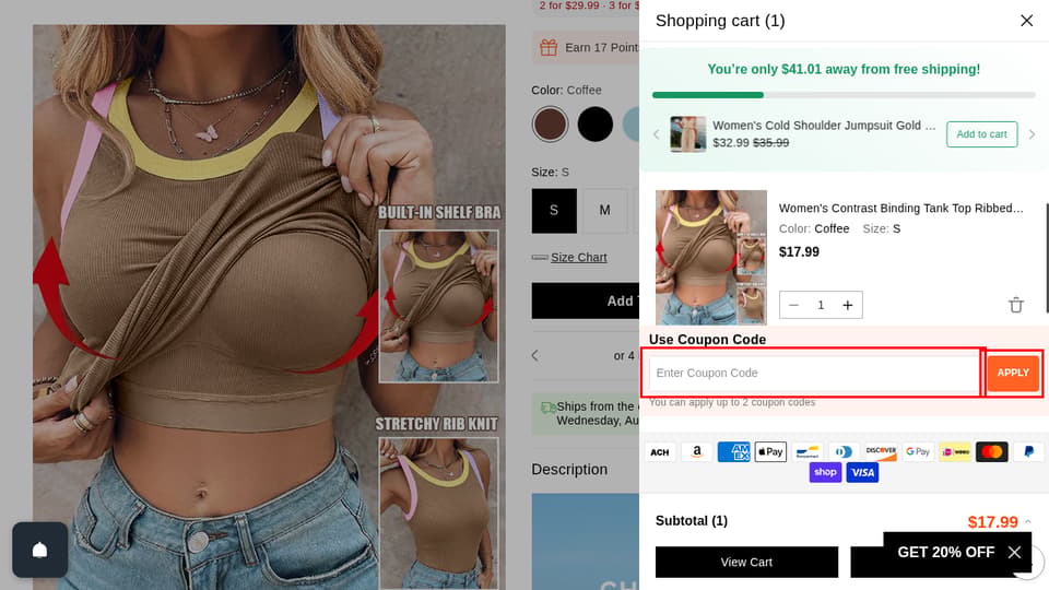 ChicMe checkout page showing the Enter Coupon Code field and APPLY button