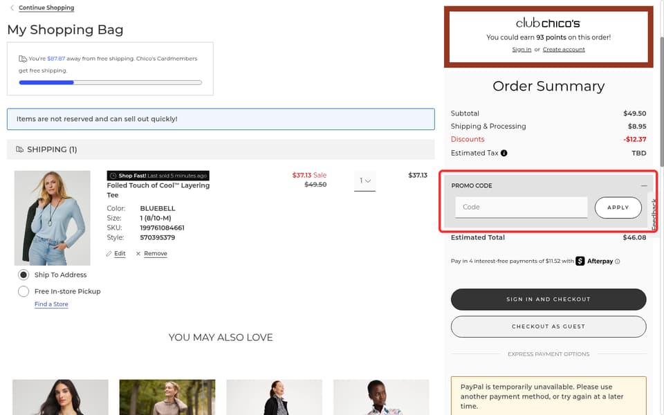 Chico's checkout page showing the Code field and Apply button