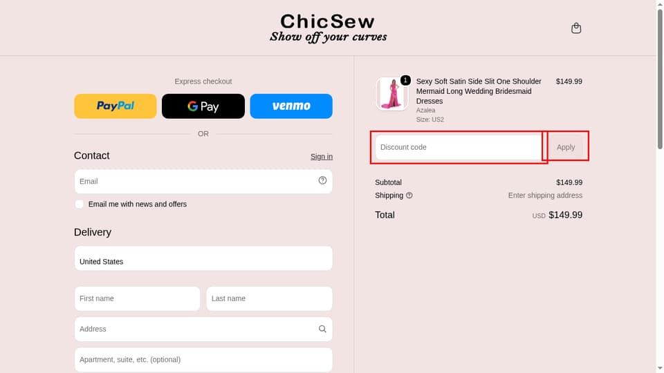 ChicSew checkout page showing the Discount code field and Apply button