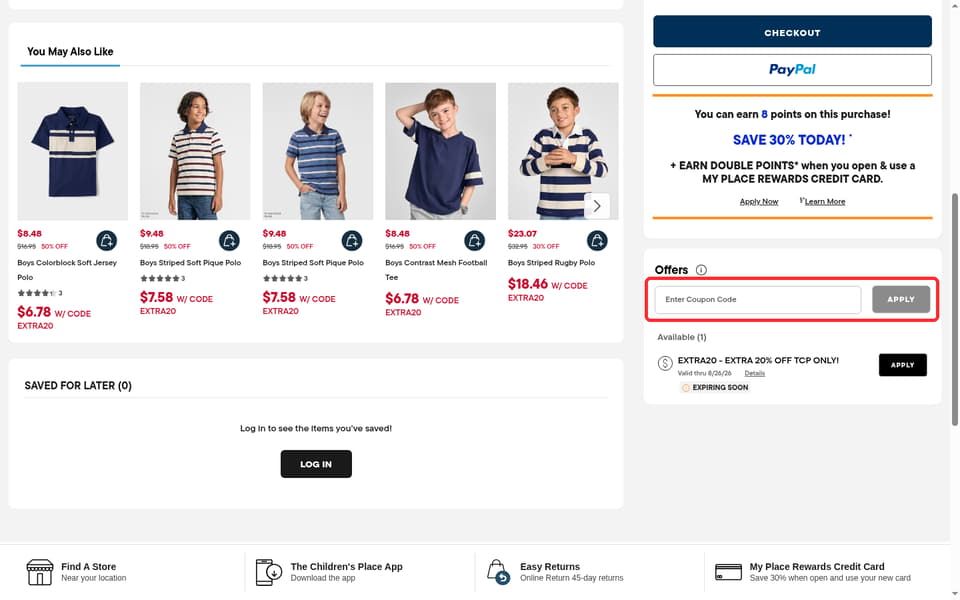 The Children's Place checkout page showing the Enter Coupon Code field and Apply button