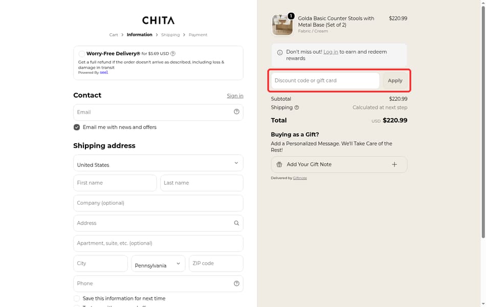 CHITA checkout page showing the Discount code or gift card field and Apply button