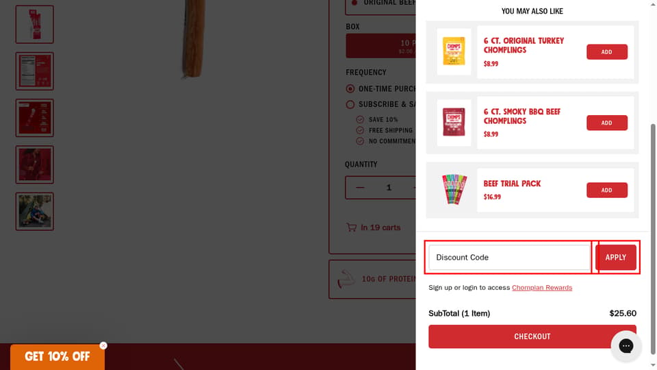 Chomps checkout page showing the Discount Code field and APPLY button