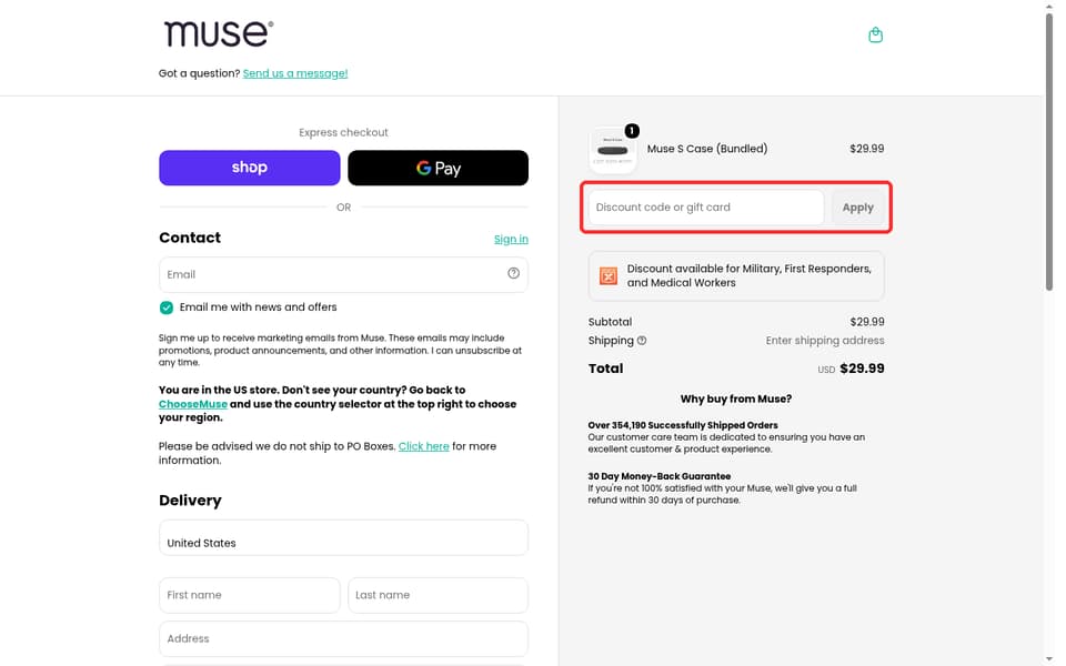Muse checkout page showing the Discount code or gift card field and Apply button